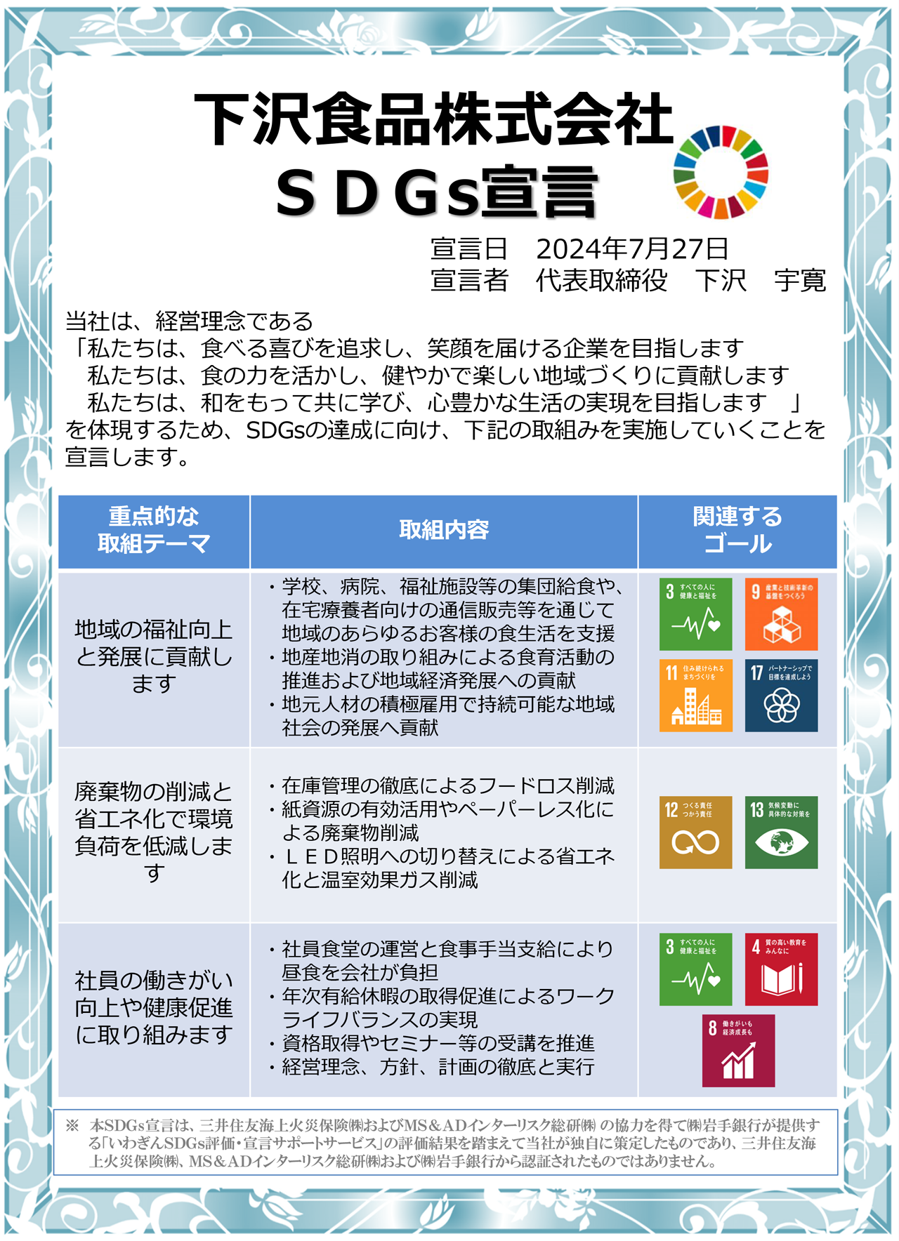 下沢食品株式会社 SDGs宣言